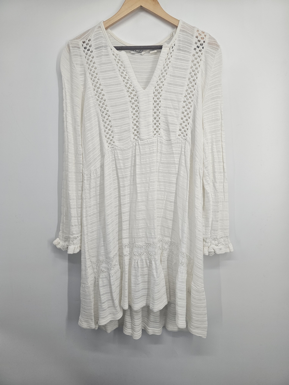 Caffé Marrakesh Ivory Boho Tunic Dress Small Lace Crochet V Neck Hi Low Cotton